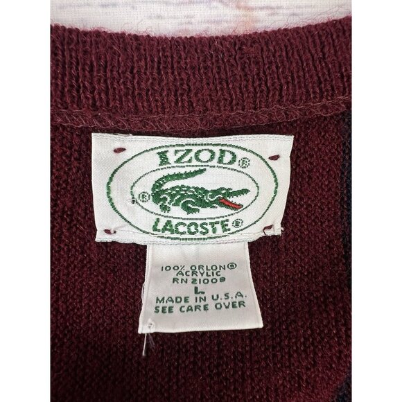 Izod Lacoste Sweater Men's L Burgundy V-Neck Orlon Acrylic Made in USA Preppy - Picture 10 of 11